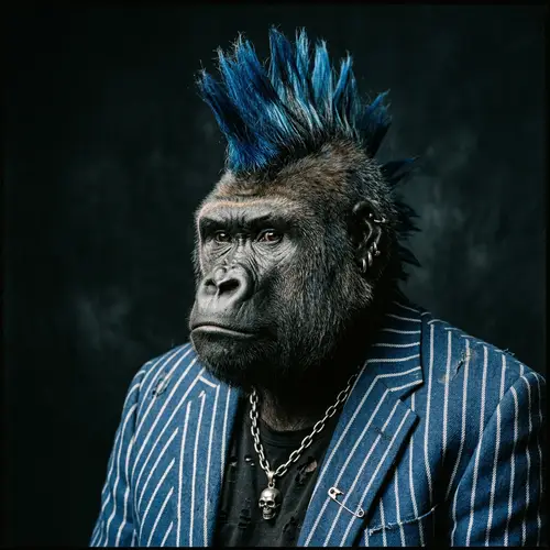 Punk Gorilla in Blue Striped Suit | Unique Fashion Statement