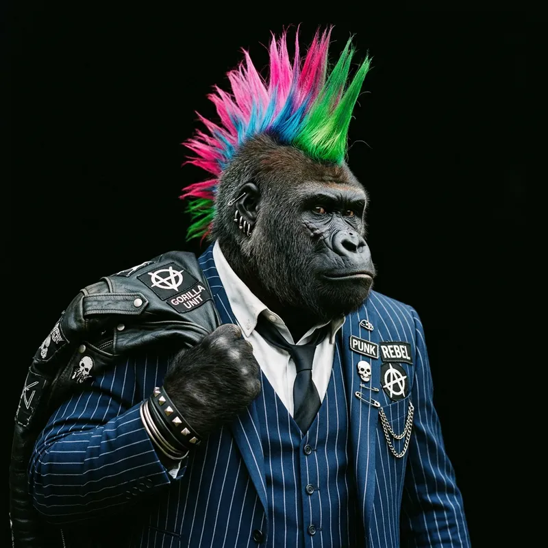 Half-Profile Gorilla Punk in Blue Striped Suit with Mohawk