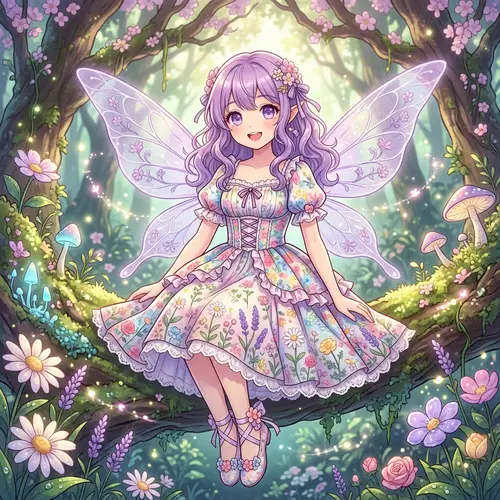 Purple Anime Fairy Girl in Floral Fashion