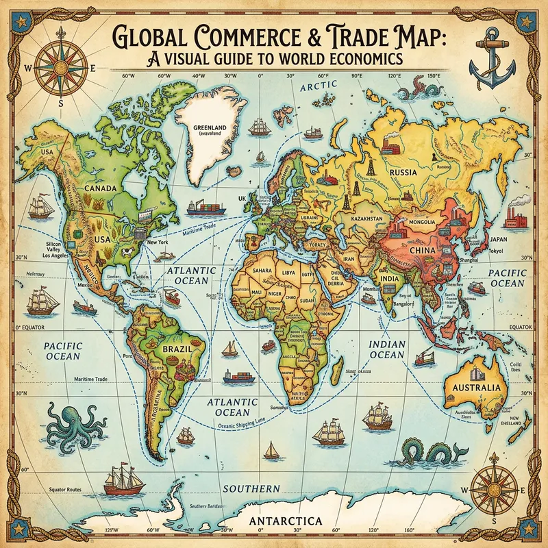 Global Commerce Map and Trade Symbols: Navigation Illustration Global Commerce Map and Trade Symbols: Navigation Illustration