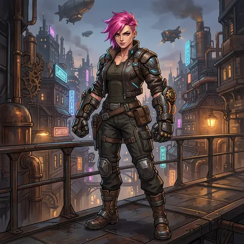 Futuristic Steampunk Character Art with Pink Hair