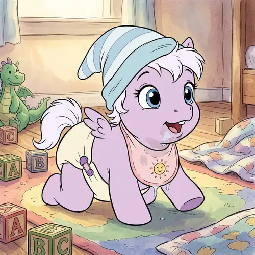 Cute Baby Fantasy Pony in Diapers with Milk Tooth Crawling