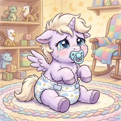 Adorable Small Fantasy Pony in Diaper with Pacifier Crying