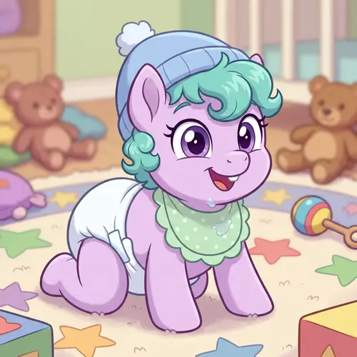Cute Tiny Pony Character Crawling with Diaper and Baby Hat
