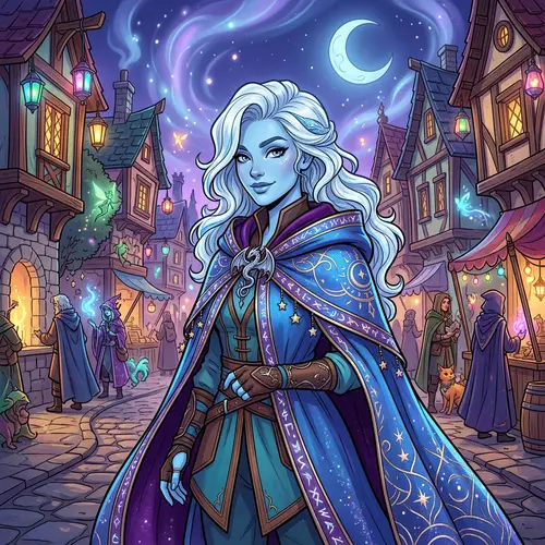 Magical Wizard Cloak: Vibrant Fantasy Art with Blue-Skinned Woman