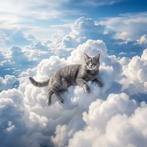 Grey Cat Floating Among Clouds