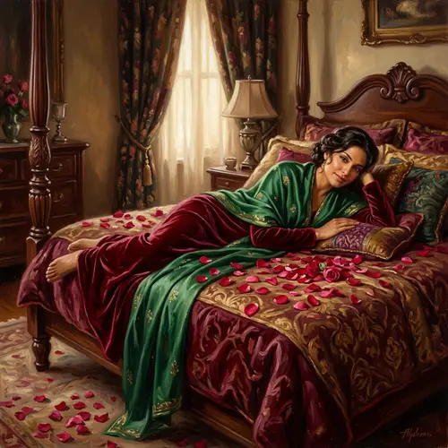 Hispanic Woman Gracefully Rests on Red Bed with Rose Petals