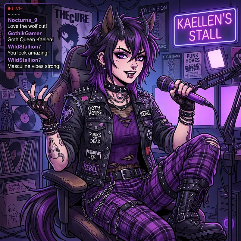 17-Year-Old Female Vtuber with Horse-Like Features and Masculine Energy in Goth Punk Style