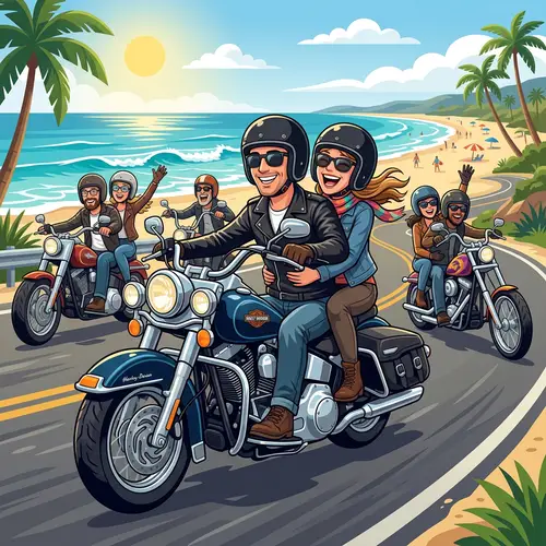 Couple Riding Harley Davidson on Beach Road