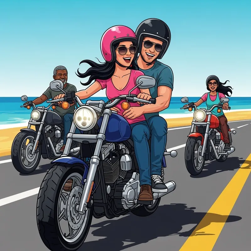 Couple Riding Harley Davidson on Beach Road