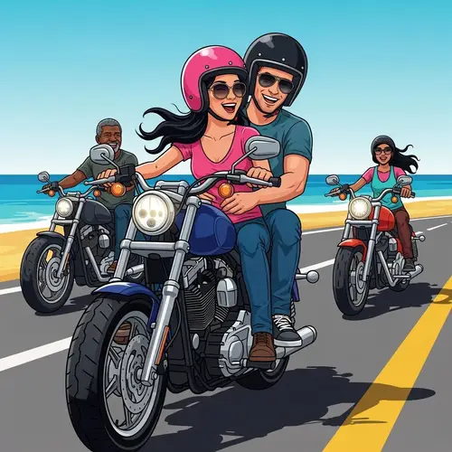 Couple Riding Harley Davidson on Beach Road