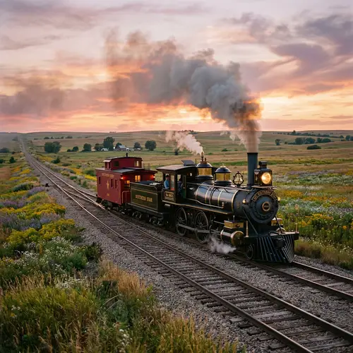 Antique Steam Locomotive on Converging Railway Tracks