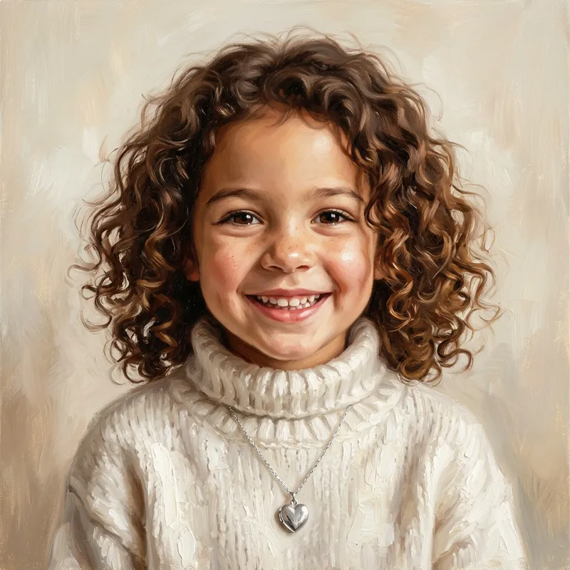Smiling Child with Curly Hair - Realistic Oil Portrait