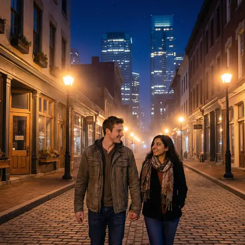 Young Couple Walking Hand in Hand on City Street at Night