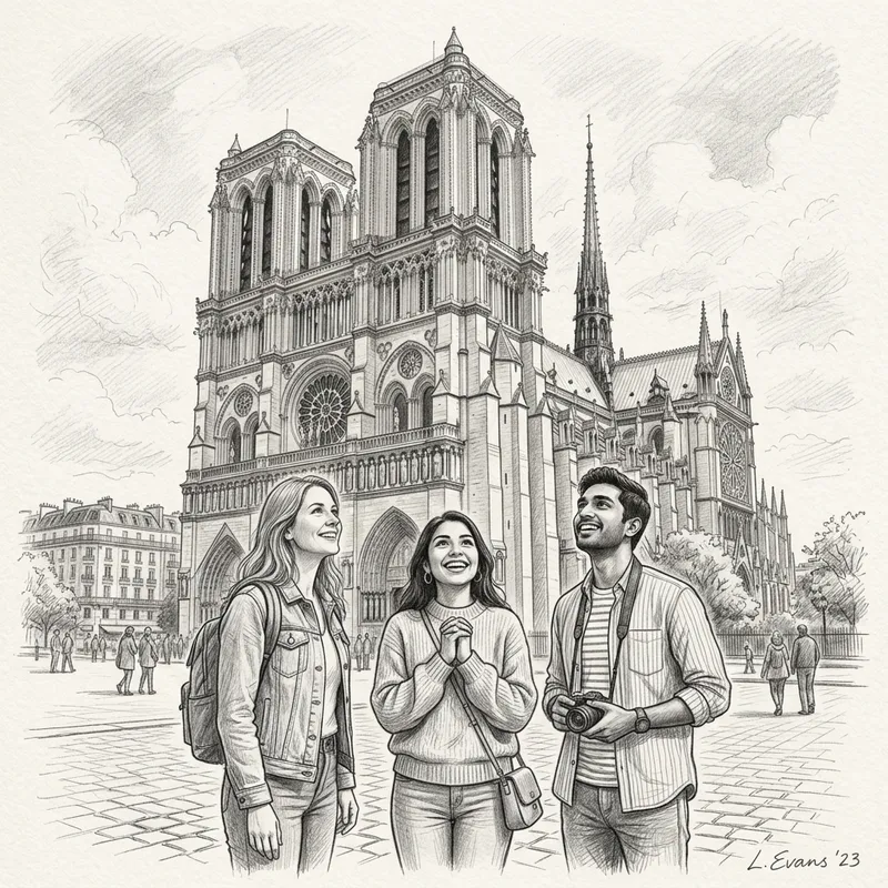 Majestic Architectural Masterpiece: Friends Admiring Beauty in Pencil Sketch