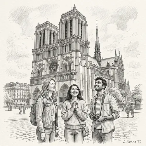 Detailed Graphite Pencil Sketch of Three Friends Admiring Architectural Beauty