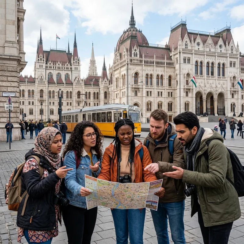 Confused Tourists Navigate Budapest Map at Parliament Building