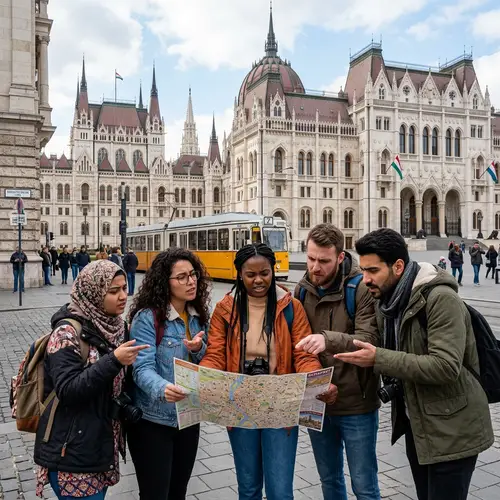 Diverse Group of Tourists Deciphering City Map by Gothic Building
