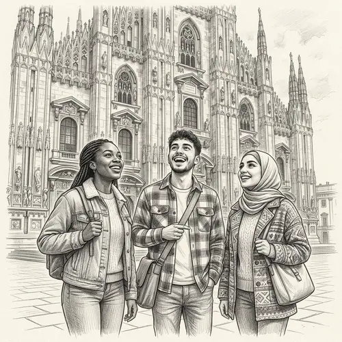 Fine Pencil Sketch of Three Friends Admiring Architectural Masterpiece
