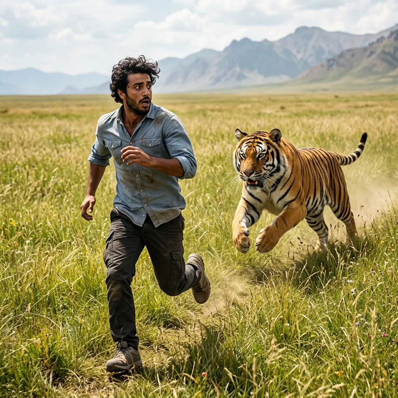 Man Escaping Tiger in Wild Natural Landscape