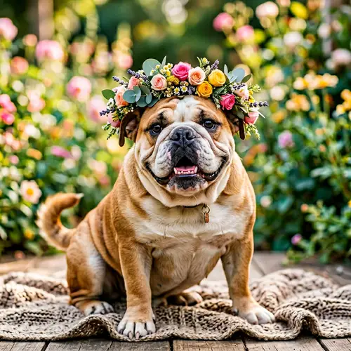 Adorable Bulldog with Flower Crown - Charming Portrait