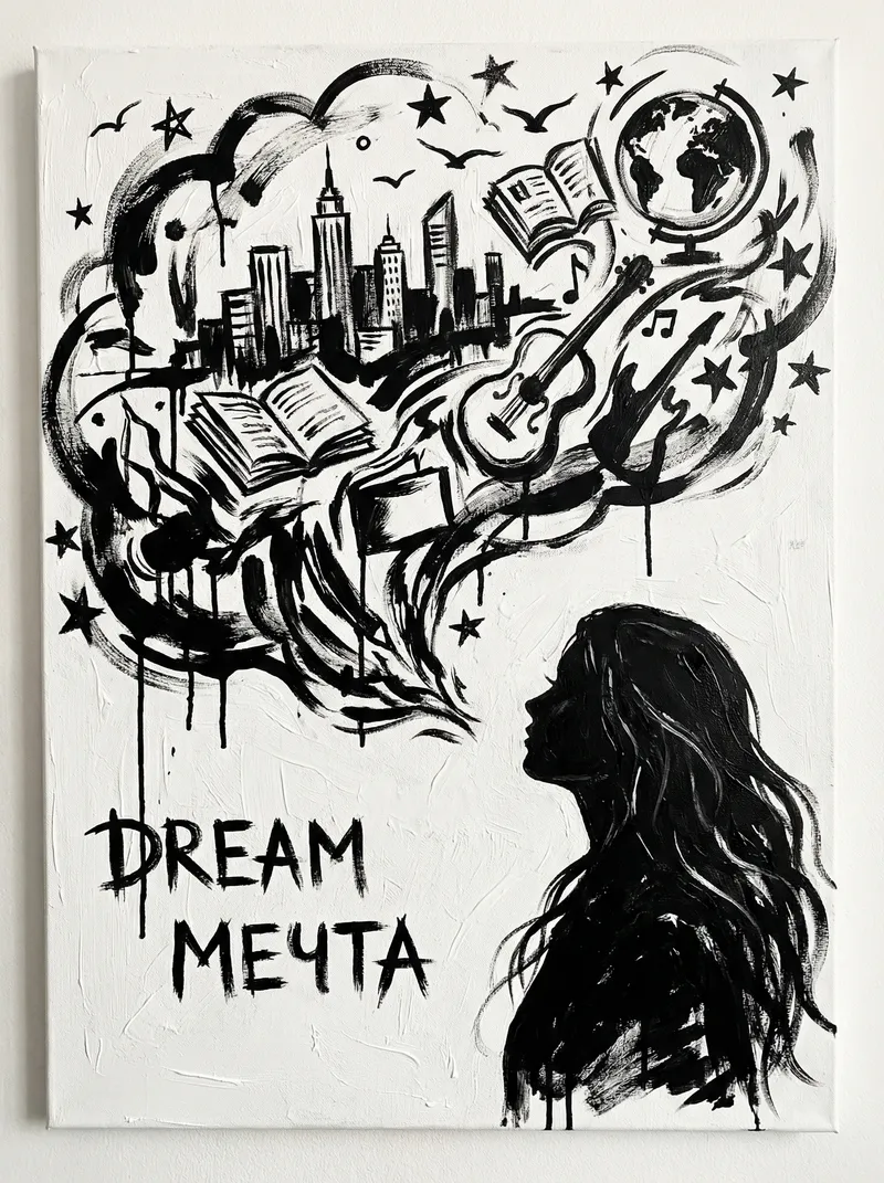 Young Girl's Dream: Black and White Acrylic Art