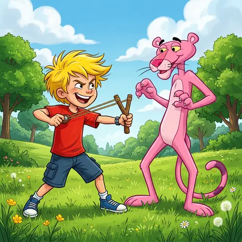 Bart Simpson vs Pink Panther: Playful Fight in Grass Field