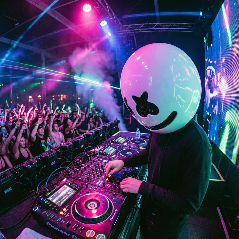 Energetic DJ Performance in Neon Lights with Marshmello Vibes Energetic DJ Performance in Neon Lights with Marshmello Vibes