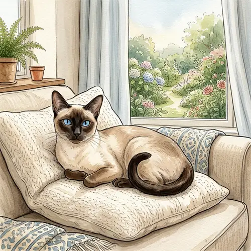 Beautiful Siamese Cat on Plush Sofa - Elegant Feline Relaxing