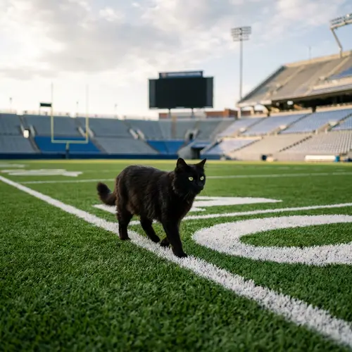 Black Cat on Football Field: Playful Feline in Action