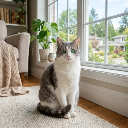 Serene White and Gray Domestic Cat - Relaxation in Cozy Home Environment
