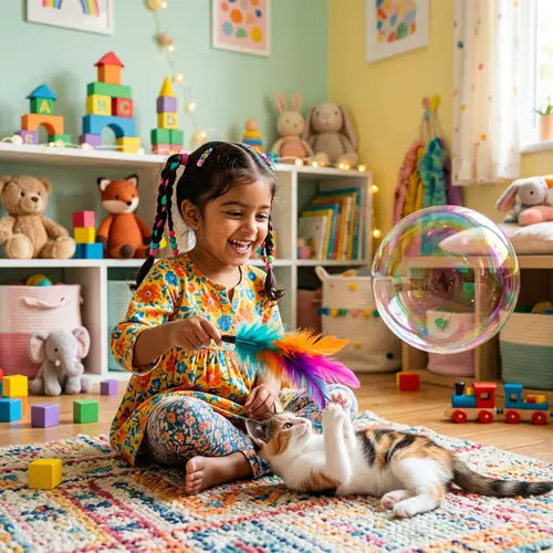 Whimsical Bond between Kitten and Young Child