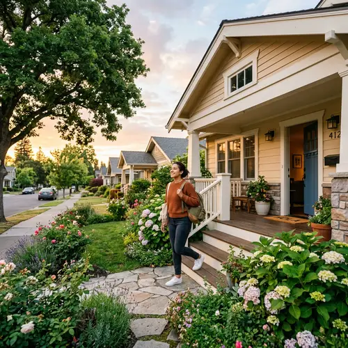 Young Hispanic Woman Stepping Out of Her Quaint House