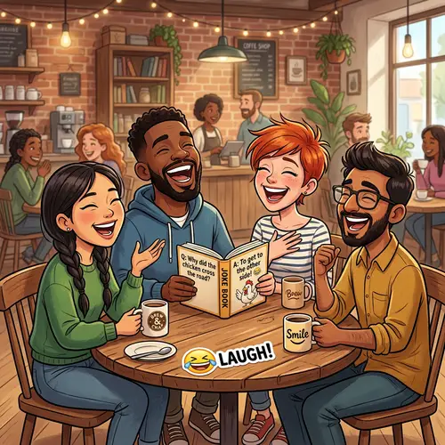 Diverse Cartoon Characters Laughing Over Joke Book | Coffee Shop
