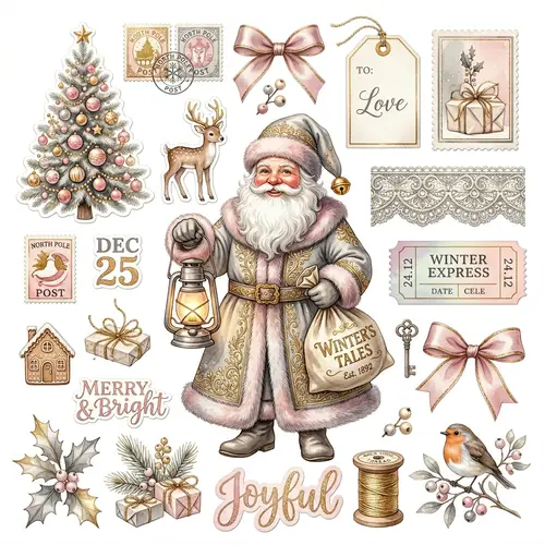 Hyperrealistic Christmas Elements in Soft Pastel Colors - Santa Claus, Stickers & Scrapbook