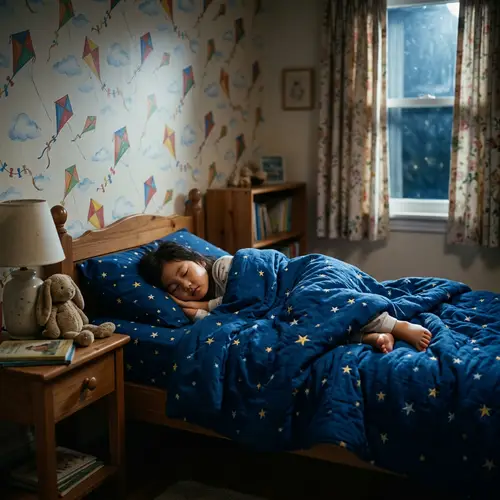 Tranquil Nighttime Scene with Peacefully Sleeping Asian Girl in Deep Blue Beddings