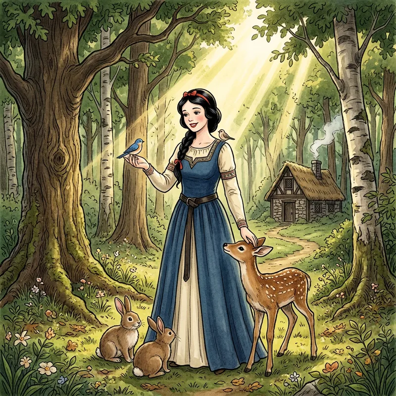 Blanche Neige Medieval Illustration with Forest Creatures