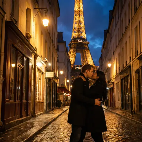 Romantic Kiss in Parisian Street - Eiffel Tower Background
