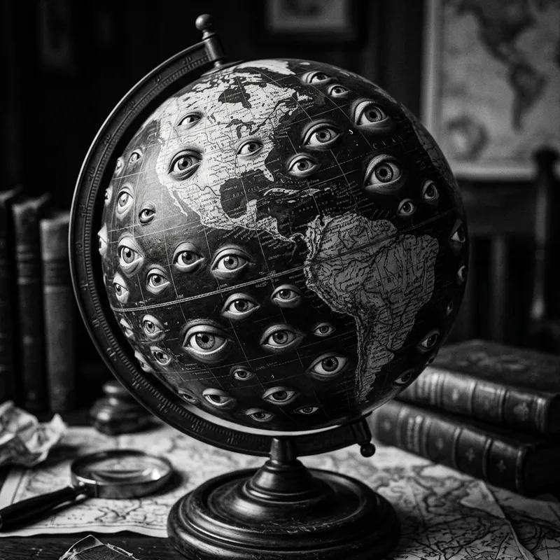 Surreal Monochrome Globe with Gazing Eyes