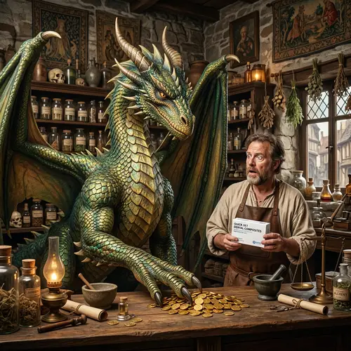 Winged Dragon Visits Apothecary | Medieval Fantasy Scene