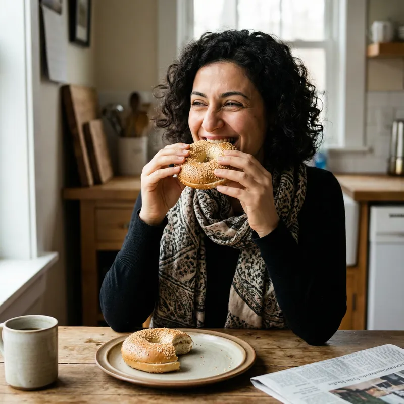 Middle Eastern Woman Suzanna Varnina Enjoying Bagel | Kitchen Scene