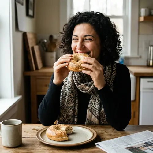 Suzanna Varnina Enjoying a Fresh Bagel | Homely Kitchen Scene
