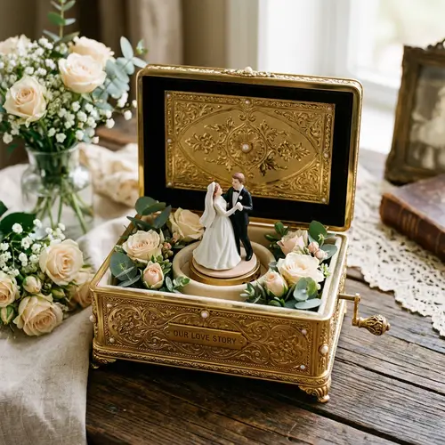 Golden Jewelry Box with Roses and Spin Mechanism