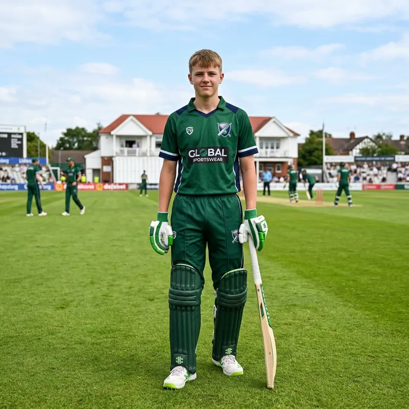 Young Fair-Skinned Boy in Green Cricket Uniform Young Fair-Skinned Boy in Green Cricket Uniform