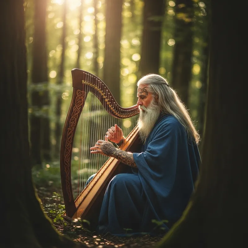 Druid Playing Celtic Harp in Enchanted Forest