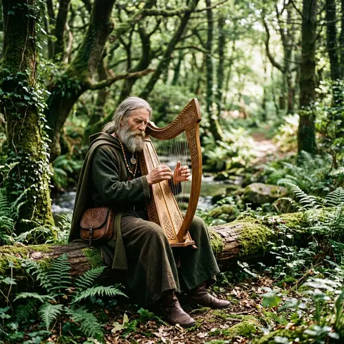 Druid Playing Celtic Harp in Enchanted Forest