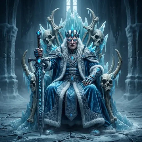 High Fantasy Character with Crown and Frost Throne