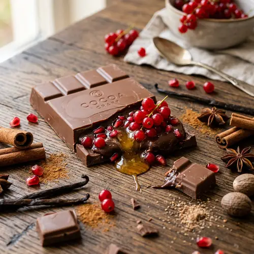 Delicate Milk Chocolate with Red Currant, Pomegranate, Honey & Spices