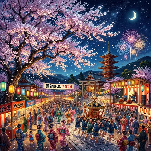 Japanese-Style 2024 Celebration with Cherry Blossom Tree