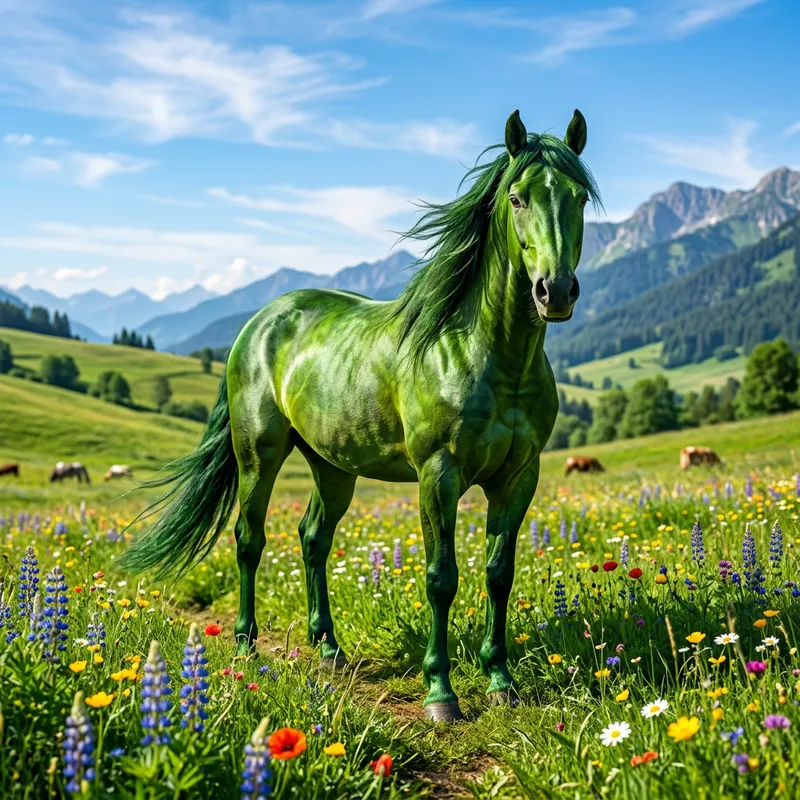 Green Horse in Verdant Meadows | Stunning Image